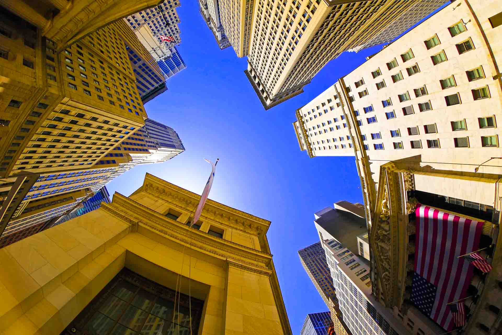 fisheye view of Wall Street in New York City