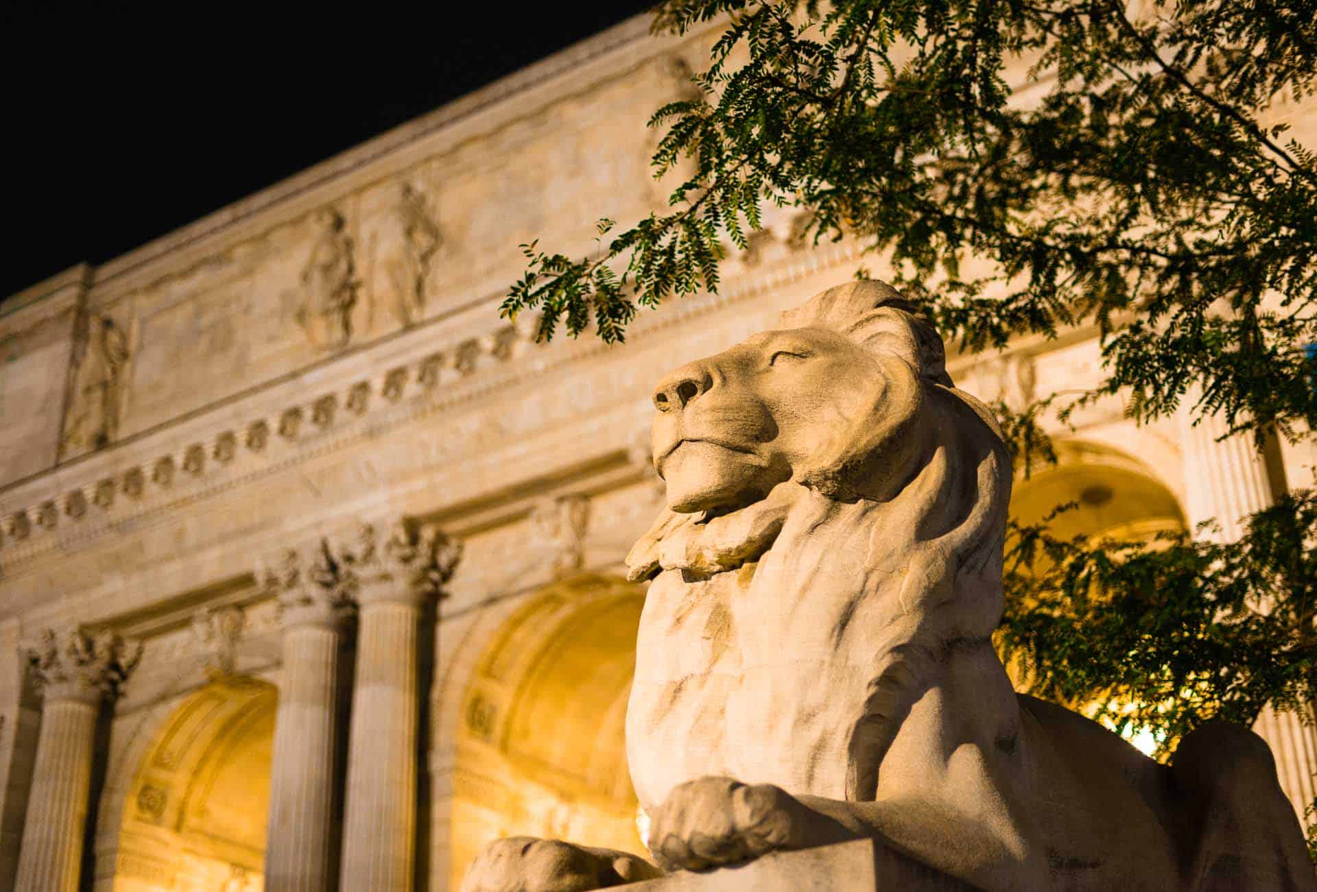 a lion statue in front of the New York Public Library in New York City